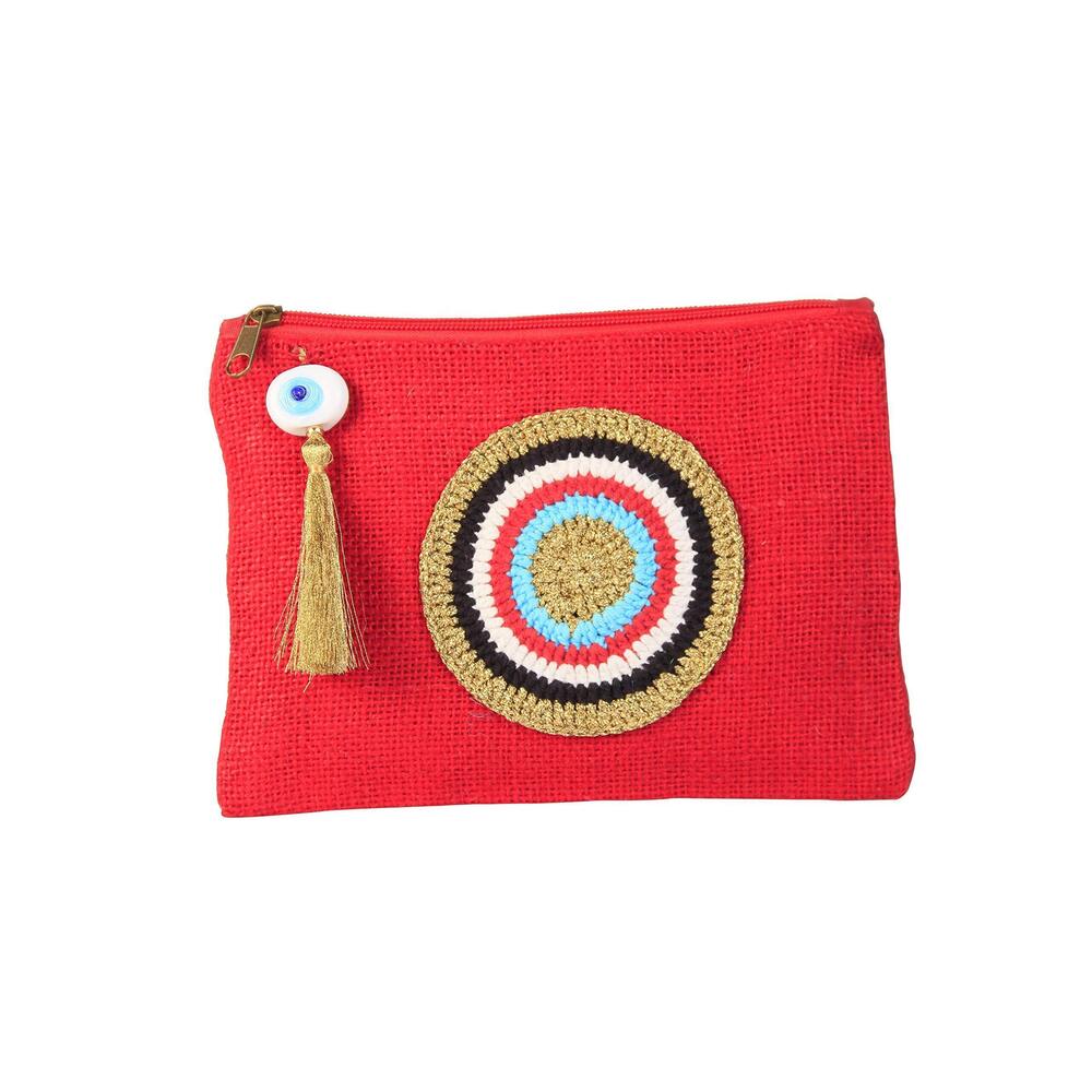 6676 Evil Eye Jute Pouch Bag Red Beach Bag Zipper Closure Summer Bag